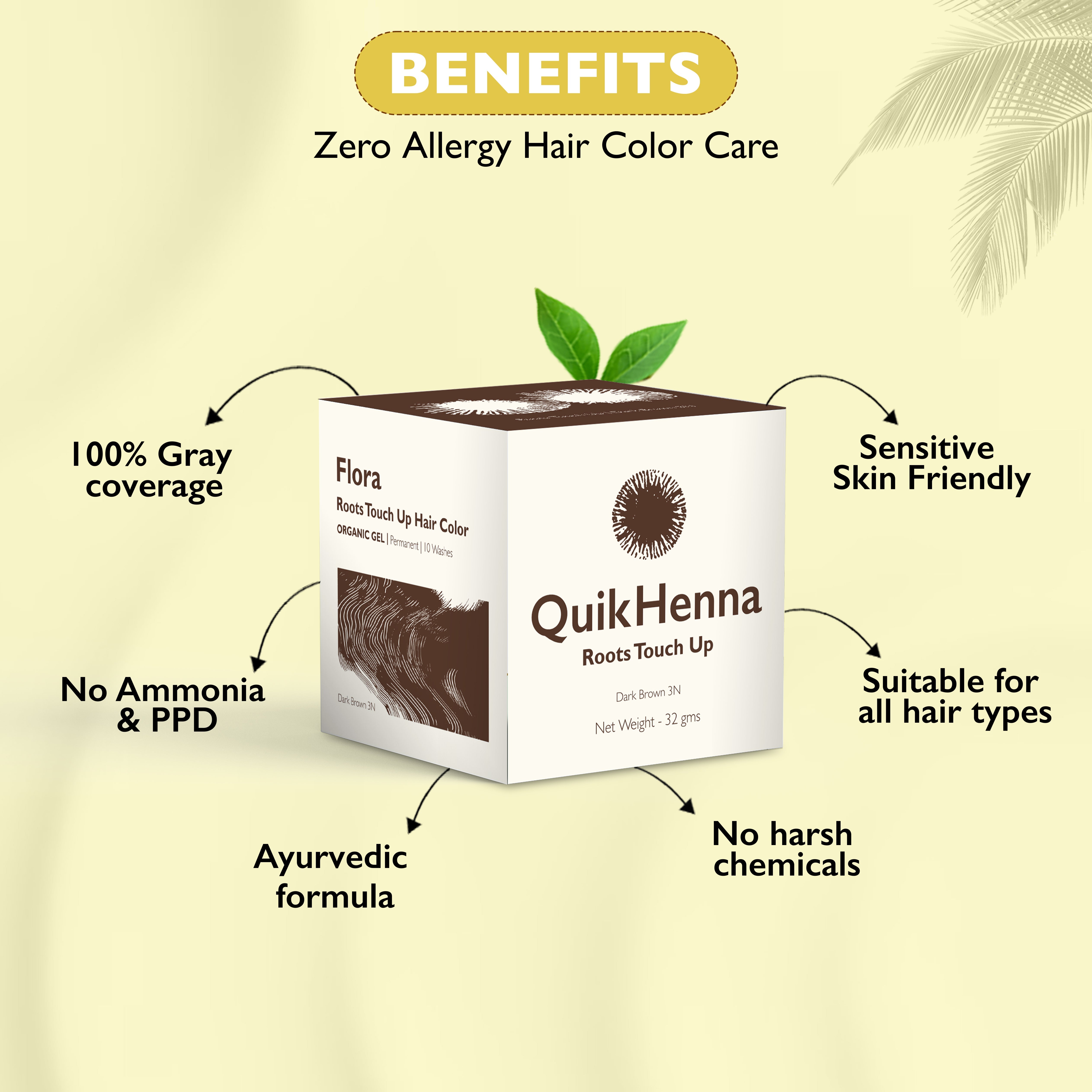 QH+ QuikHenna FLORA Organic Gel Roots Touch Up Hair Color- 32gm- 3N Dark Brown - BuyPureNaturals