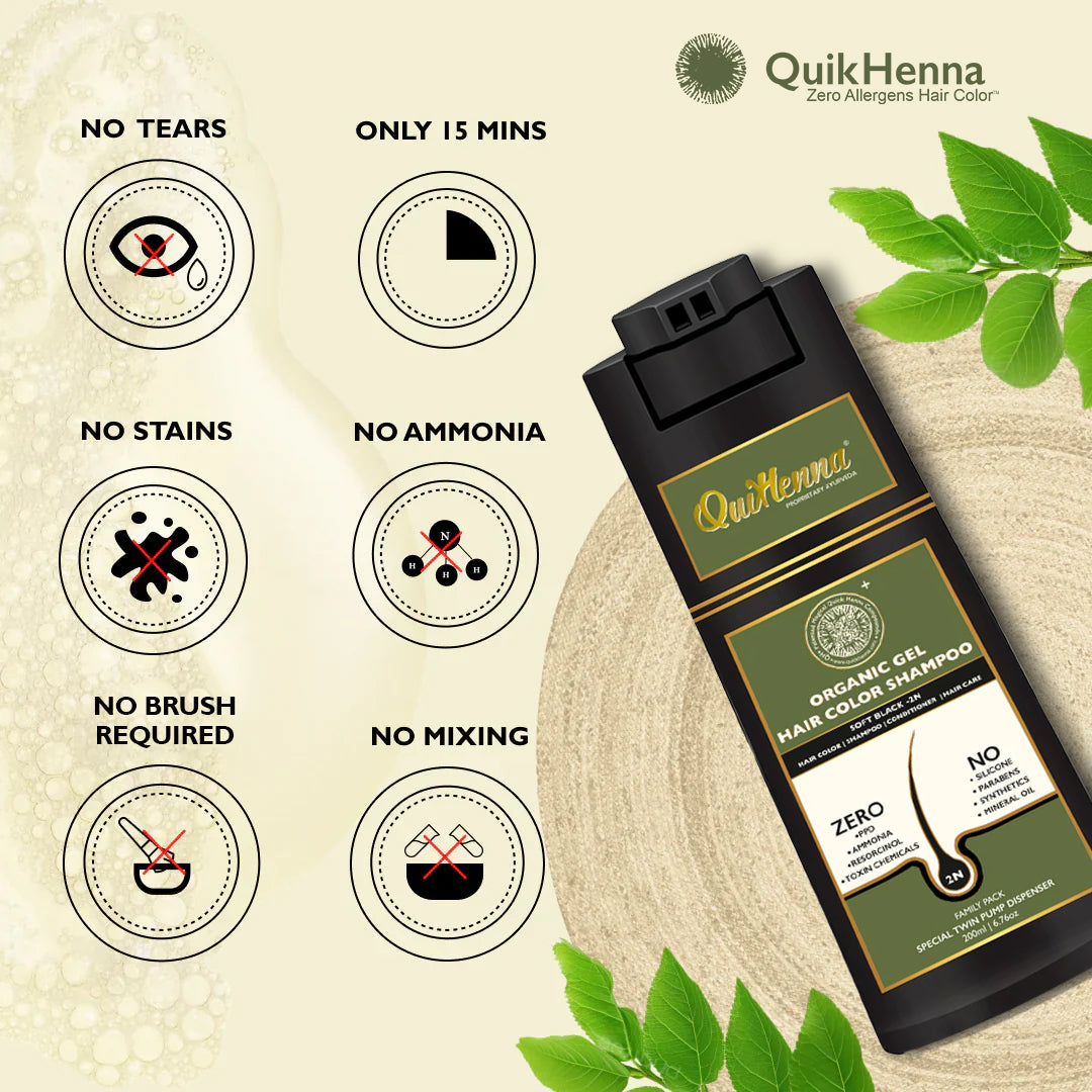 EVARA | QH+ Organic Gel Hair Colour Shampoo - 200ml- Soft Black-2N