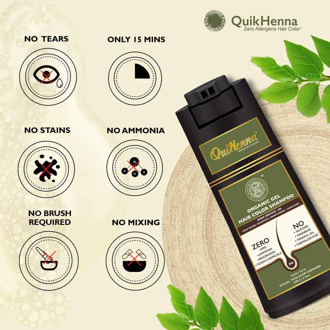 QH+ ORGANIC GEL®  Hair Colour Shampoo - 200ml- Dark Brown-3N