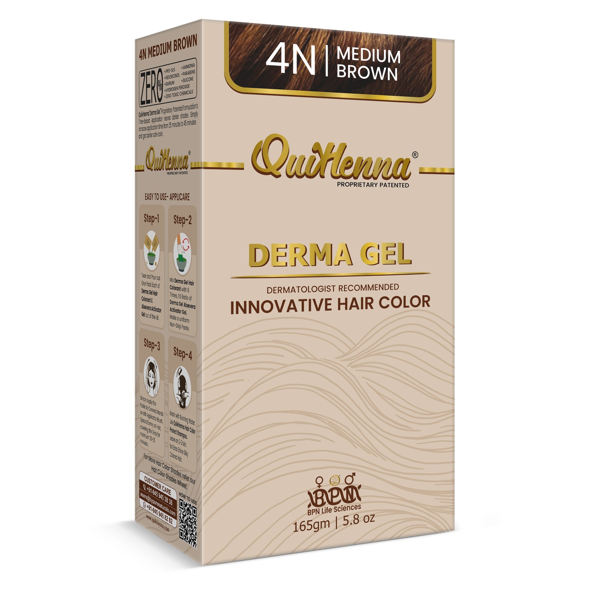 QH+ QuikHenna CLINICA Organic Gel Innovative Derma Hair Color 165gm- 4N Medium Brown - buyPureNaturals